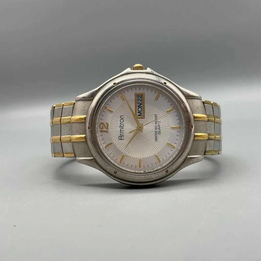Armitron 20/1367 Mens Watch 37mm Silver Gold Two Tone Stretch Day Date New Batt